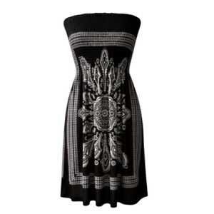 NEW Venus Black and White Bohemian Print Strapless Faux Wrap Dress Size Small